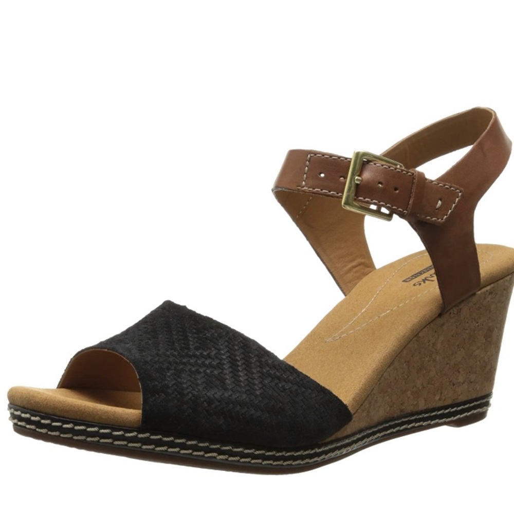 Clarks Helio Jet Wedge Sandal Black and Tan Sz 10